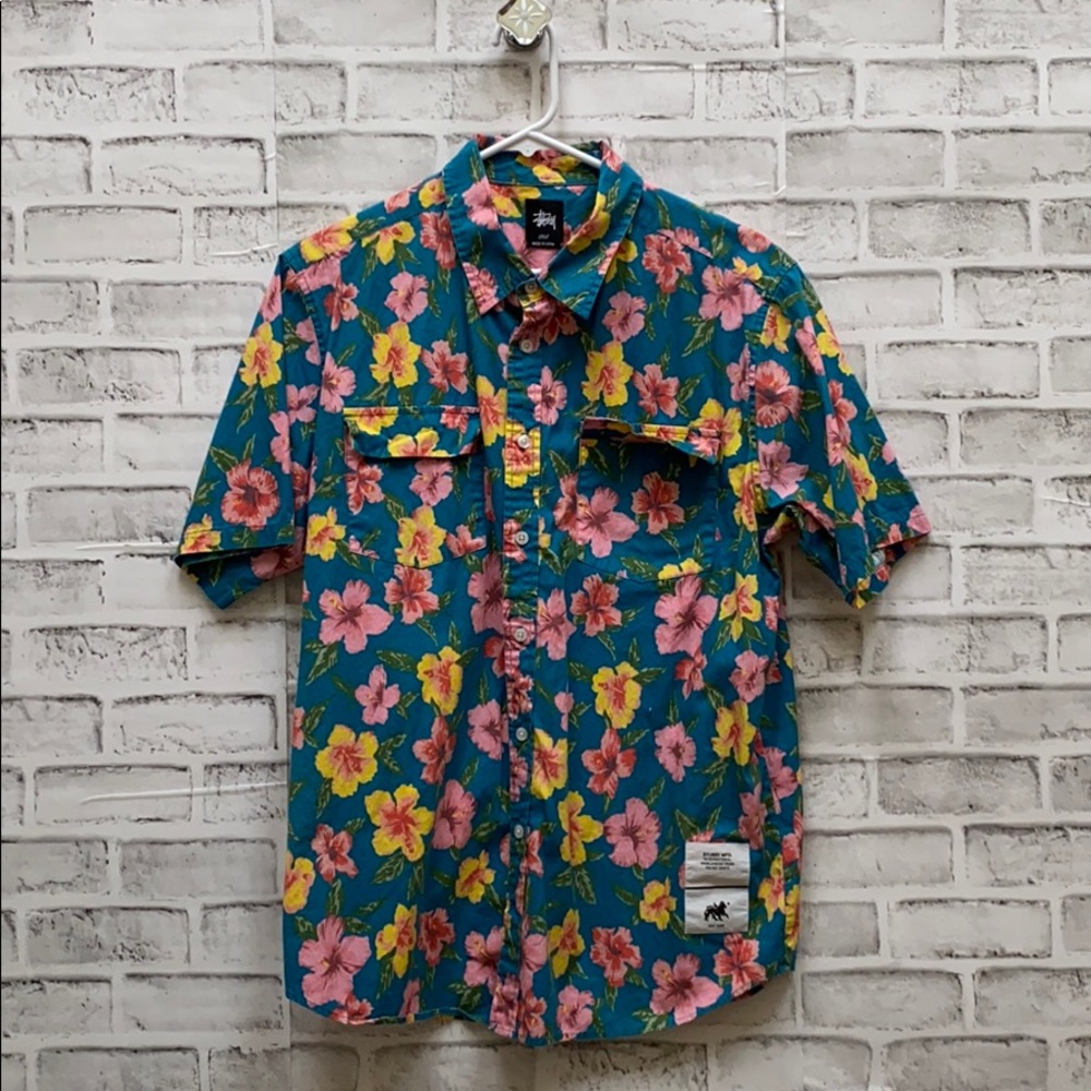 Stussy Hawaiian Floral Short Sleeve Button Down L